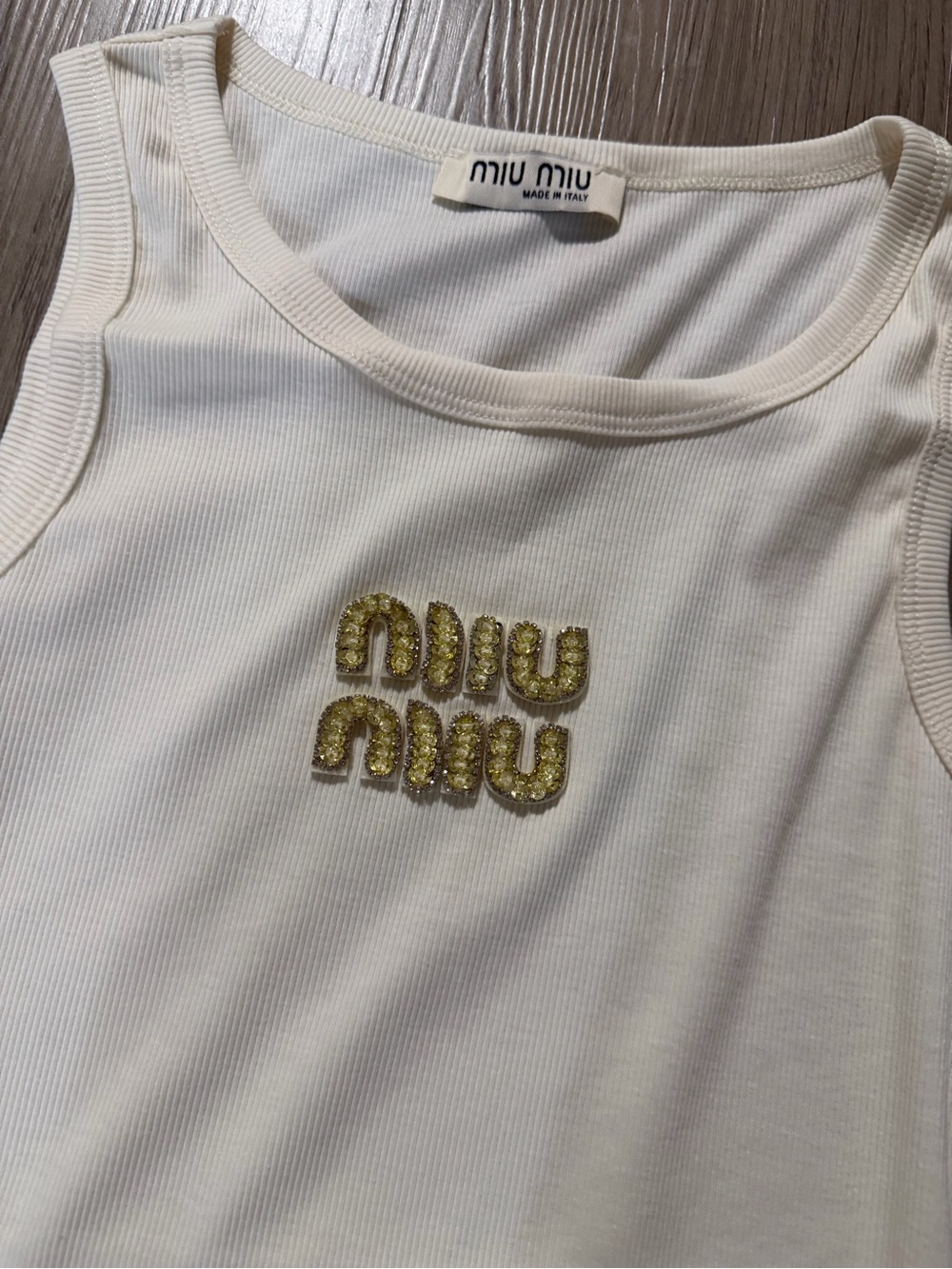 Miu Miu Ivory Ribbed Tank with Gold Embellished Logo - Picture 2 of 4
